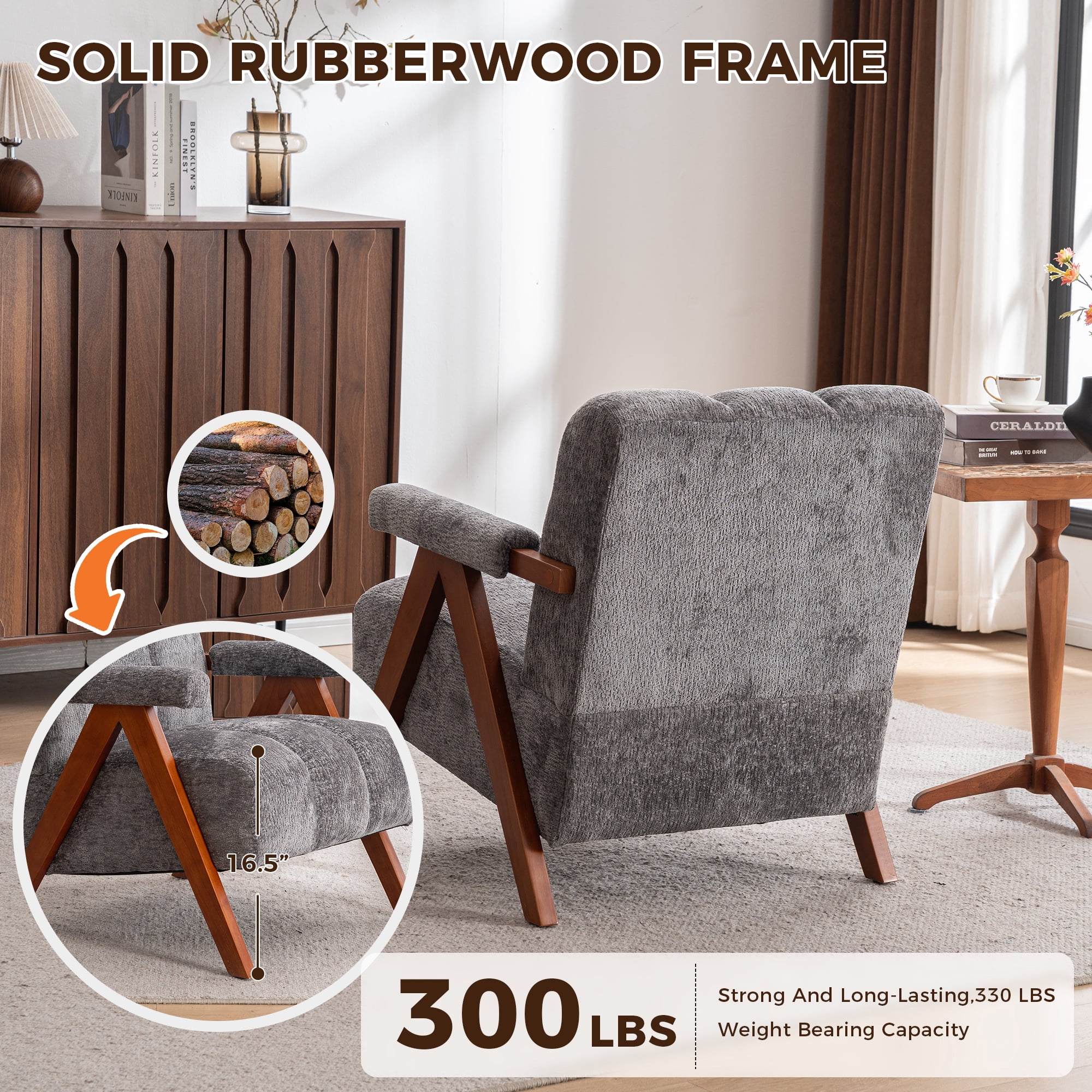 MOONMISS Mid Century Modern Accent Chair with Solid Wood Frame, Boucle Upholstered Living Room Chairs with Thick Cushion, Comfy Tufted Arm Chair for Bedroom,Gray