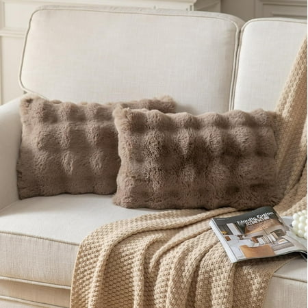 

Pack of 2 Thick Plush Throw Pillow Covers Fluffy Wave Faux Fur Decorative Cushion Covers Soft Wool Pillowcase for Sofa Couch Livingroom 16x16 Inch Taupe