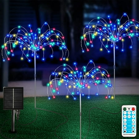 

Solar Garden Firework Lights Outdoor Decorative Lights 3 Pack 360 LED Waterproof Solar Fireworks Lamp with Remote 3 Brightness 8 Modes Sparkles Landscape DIY Light for Pathway Party Decor (Colored)