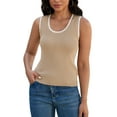 thumbnail image 1 of ATHLECHIC Camisetas de punto acanalado para mujer, con bloque de color, ajustadas, de cuello redondo, chalecos de verano casuales L color caqui y blanco, 1 of 5