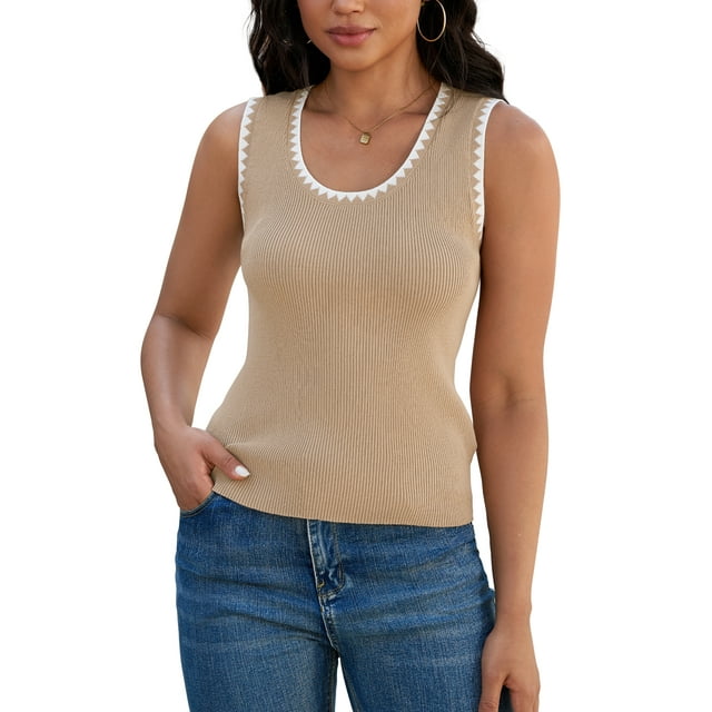 ATHLECHIC Camisetas de punto acanalado para mujer, con bloque de color, ajustadas, de cuello redondo, chalecos de verano casuales L color caqui y blanco