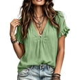 thumbnail image 4 of Women's Casual Linen V-Neck Short Sleeve Solid Color Blouse Top, 4 of 7
