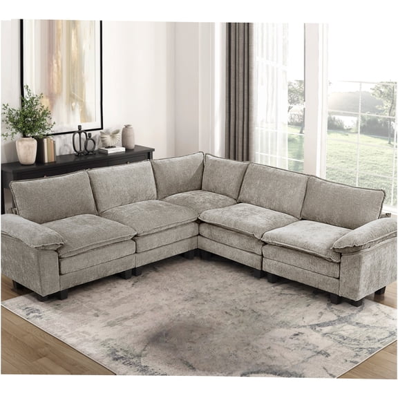 JERFIT Modern 5-Piece Modular Sectional Sofa with Chaise, Plush Chenille Fabric, Reversible Cushions for Living Room