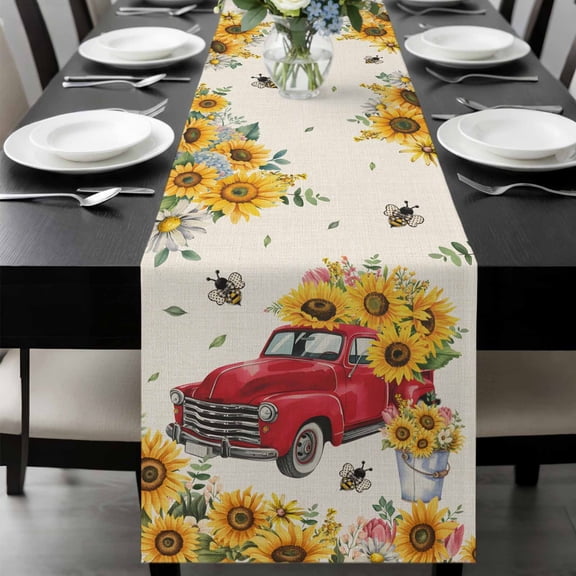 Spring Yellow Sunflowers Table Runner 72 Inches Long, Farmhouse Car Bees Country Kitchen Coffee Dining Table Decoration for Home Party Birthday Wedding Home Decor 18x72 Inches