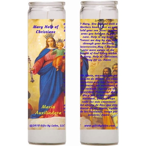 Mary Help of Christians Maria Auxiliadora Set of Two 2 Glass Candles with Prayer 2 Veladoras de Cristal con Rezo