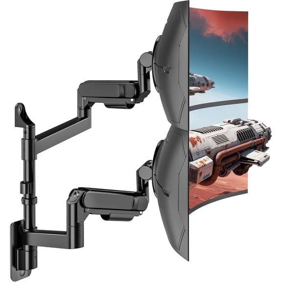 ARES WING Heavy Duty Dual Monitor Wall Mount for 24"-57" Ultrawide Screens, Full Motion Dual Wall Monitor Arm Holds up to 60 lb Each, Adjustable Gas Spring VESA Mount 75x75 100x100, Black