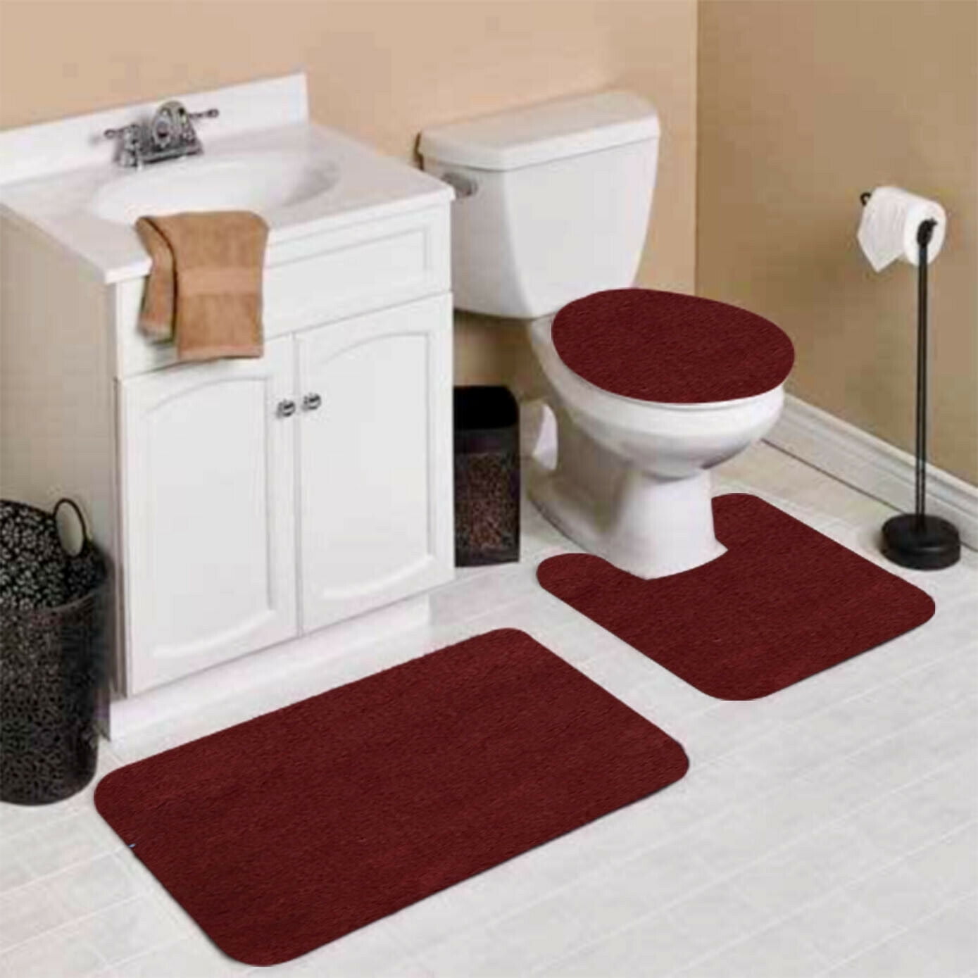 3PCS Simple Toilet Foot Pad Seat Cover Radiator Cap Bathroom Rug Bath Mat Set S 