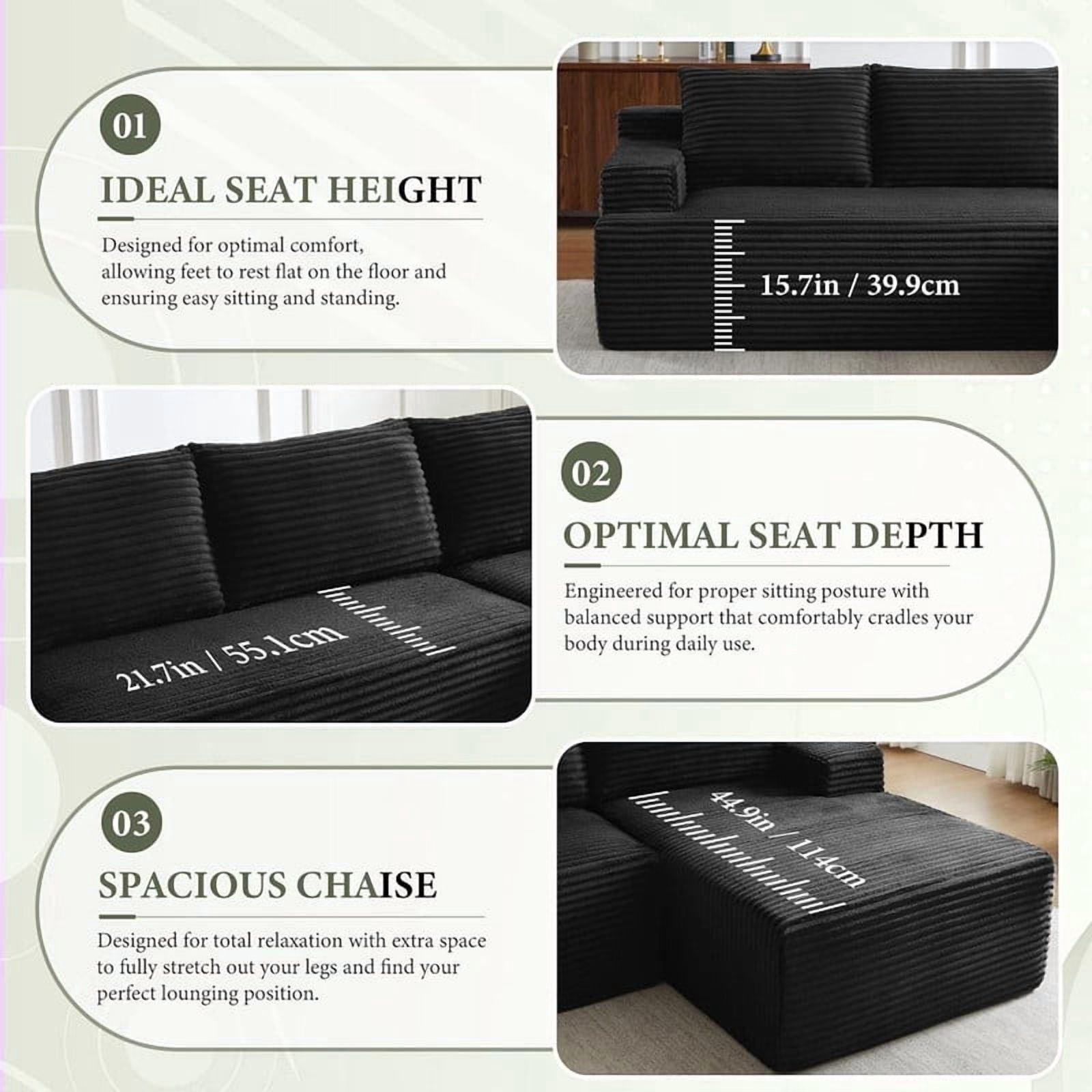 L-Shaped Modular Sectional Sofa with Chaise, Corduroy Cloud Sofa Couch with Deep Seat for Living Room Bedroom Apartment, Left Facing