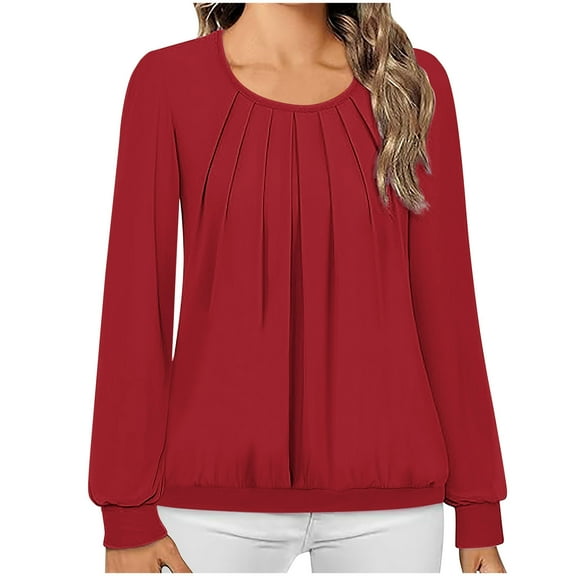 Htigea Women's Shirts Long Sleeve Crew Neck Pleated Front Blouse Tops Casual Loose Tunic Tees Wine S