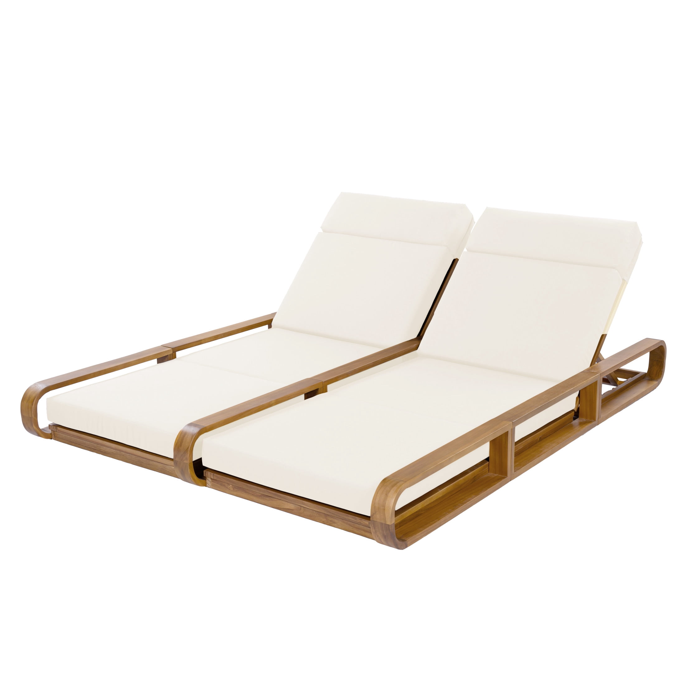 Christopher Knight Home 79" Outdoor Double Chaise Lounge Set with 4-Fold Beige Cushions, Teak