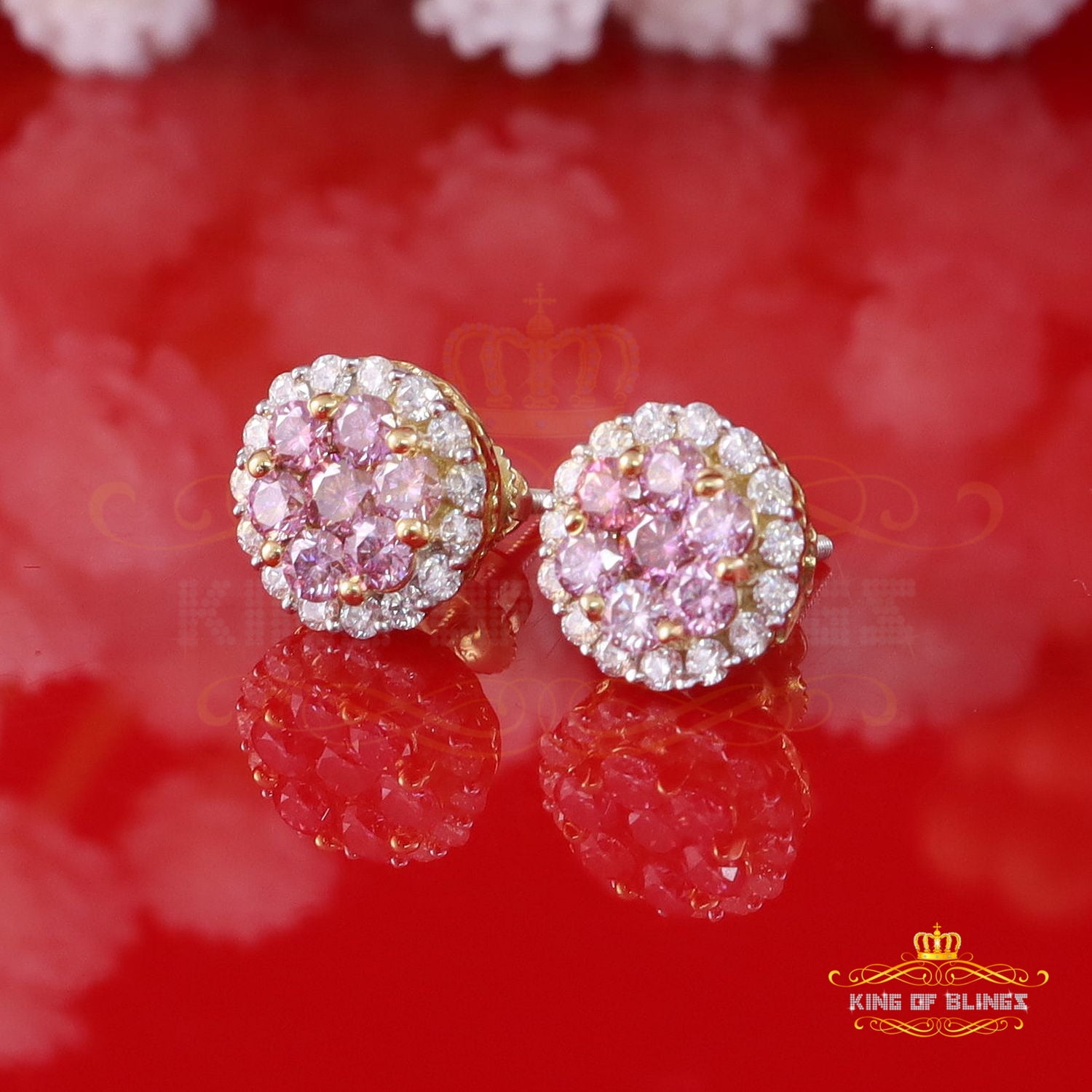 King of Bling's 925 Silver Yellow 1.33ct VVS D Pink Moissanite Round Men's/Women's Stud Earrings