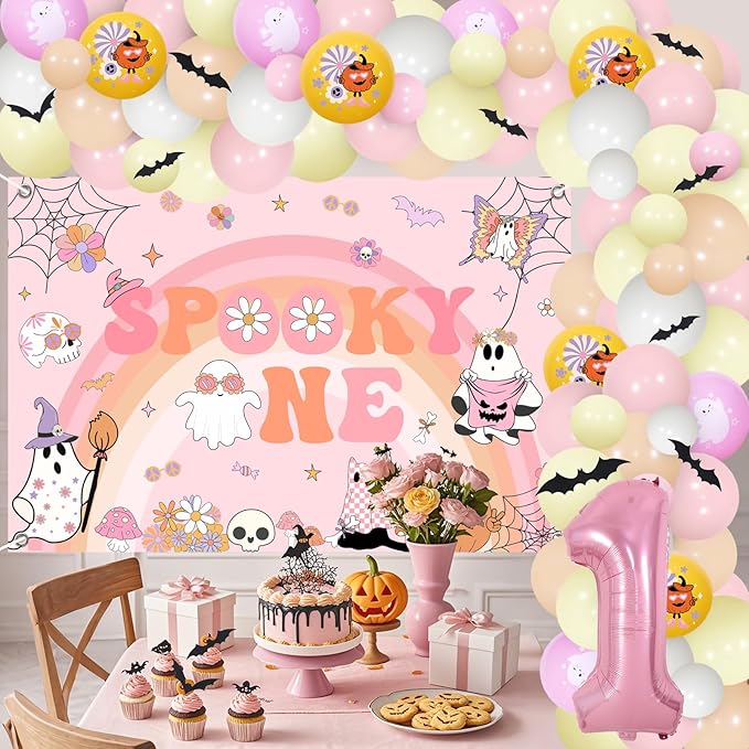 Groovy Halloween Birthday Decorations Pink Spooky One Backdrop Number 1 Foil Balloon 3D Bat Stickers Hippie Flower Ghost Printed Balloon Garland Arch Kit for Girls First Birthday Party Supplies