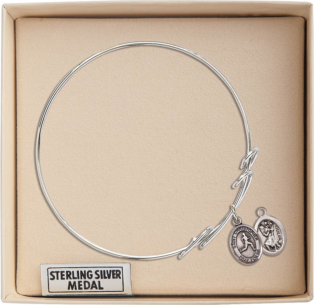 7 1/2 inch Round Double Loop Bangle Bracelet w/ St. Christopher/Track & Field in Sterling Silver