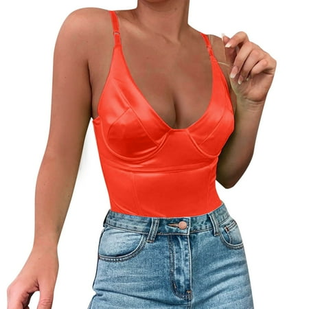 MSJUHEG Sleeveless Jumpsuits for Women Swoveralls Beach Outfits for Women Petite Jumpsuits for Women Camisole Pure Color Jumpsuit Backless Jumpsuit Bodysuit Jumpsuit Scrubs for Women Orange M