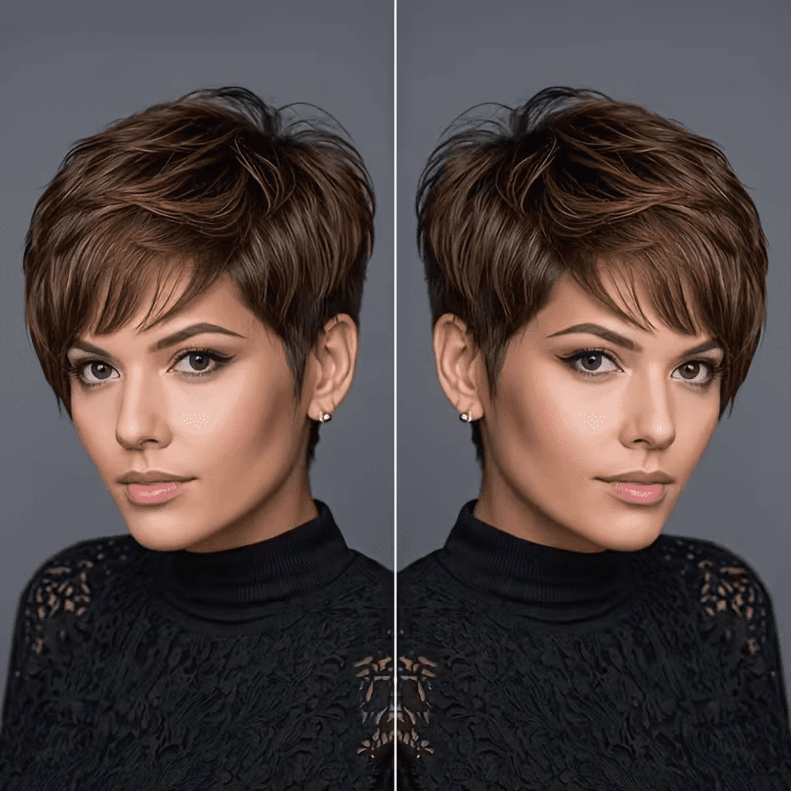 Brown Short Layered Pixie Cut Human Hair Wigs Rose Net Cap Pixie Cut Wigs With Bangs Glueless Full Machine Made Brazilian Virgin Straight Human Hair
