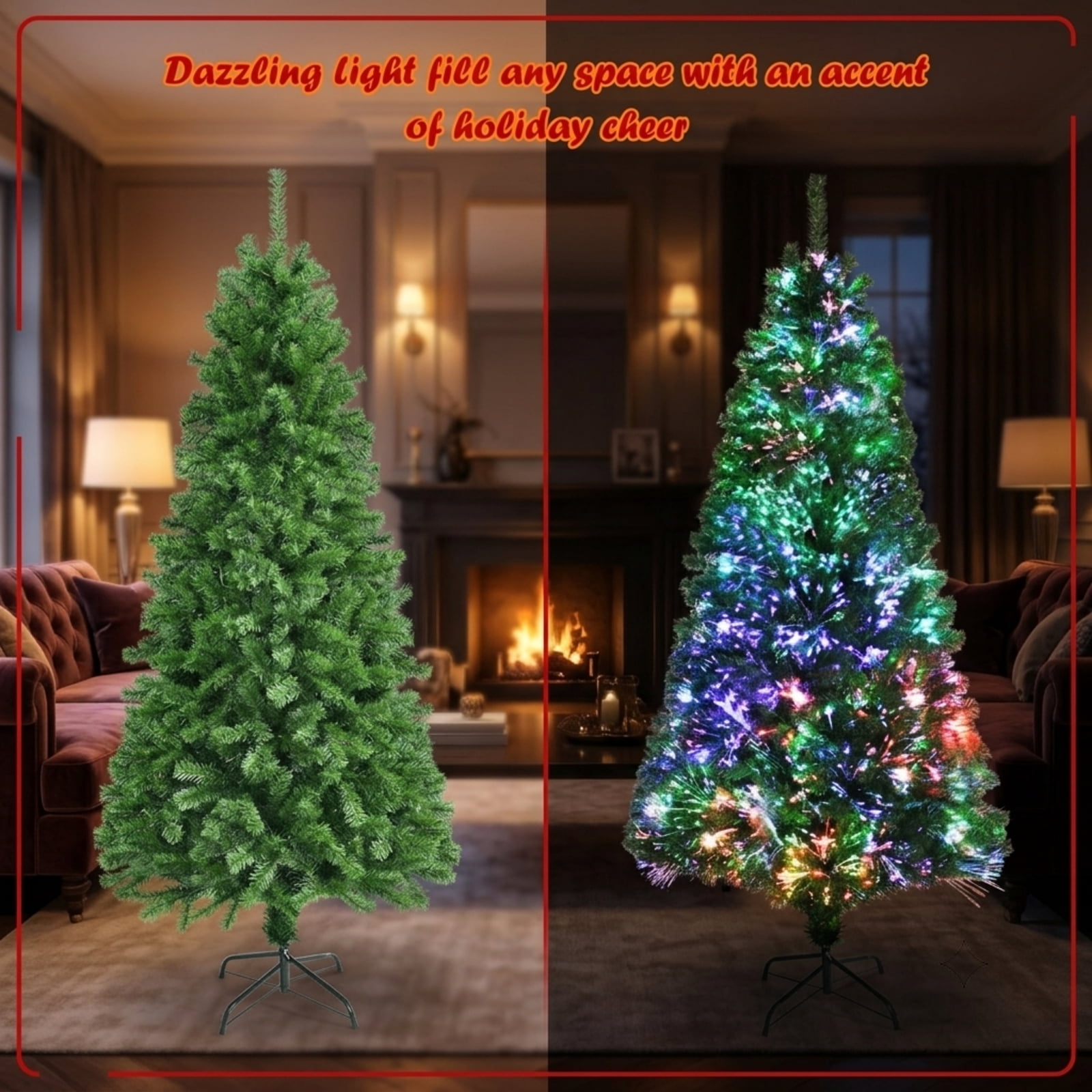RUIE, 7 ft, Artificial Christmas Tree, with LED Fiber Optic Lights, 820 Branch Tips, Multicolor Holiday Xmas Tree for Indoor Home Office Decoration