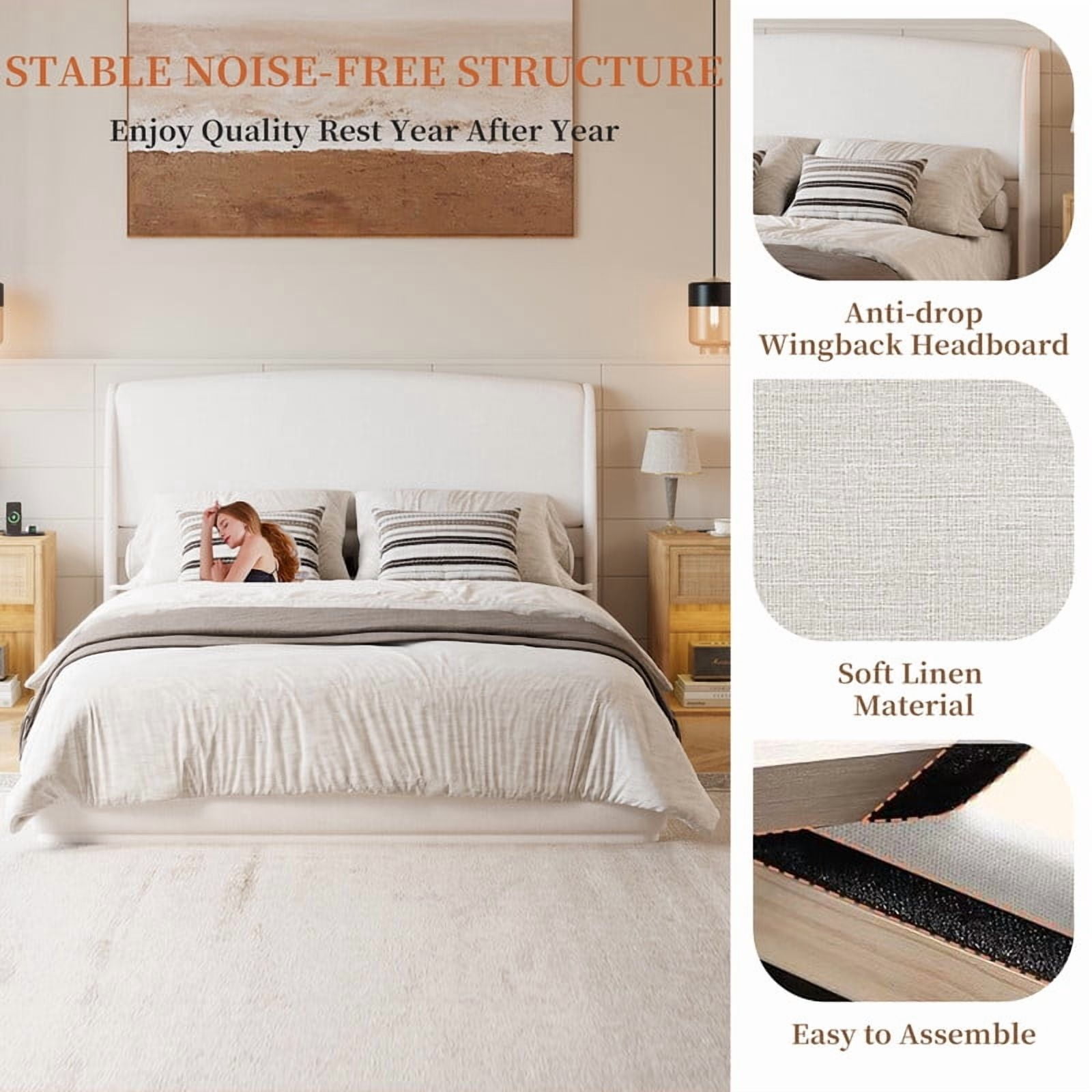 Queen Size Linen Upholstered Bed Frame with Padded High Headboard, Low-Profile Platform Bed with No Box Spring Needed
