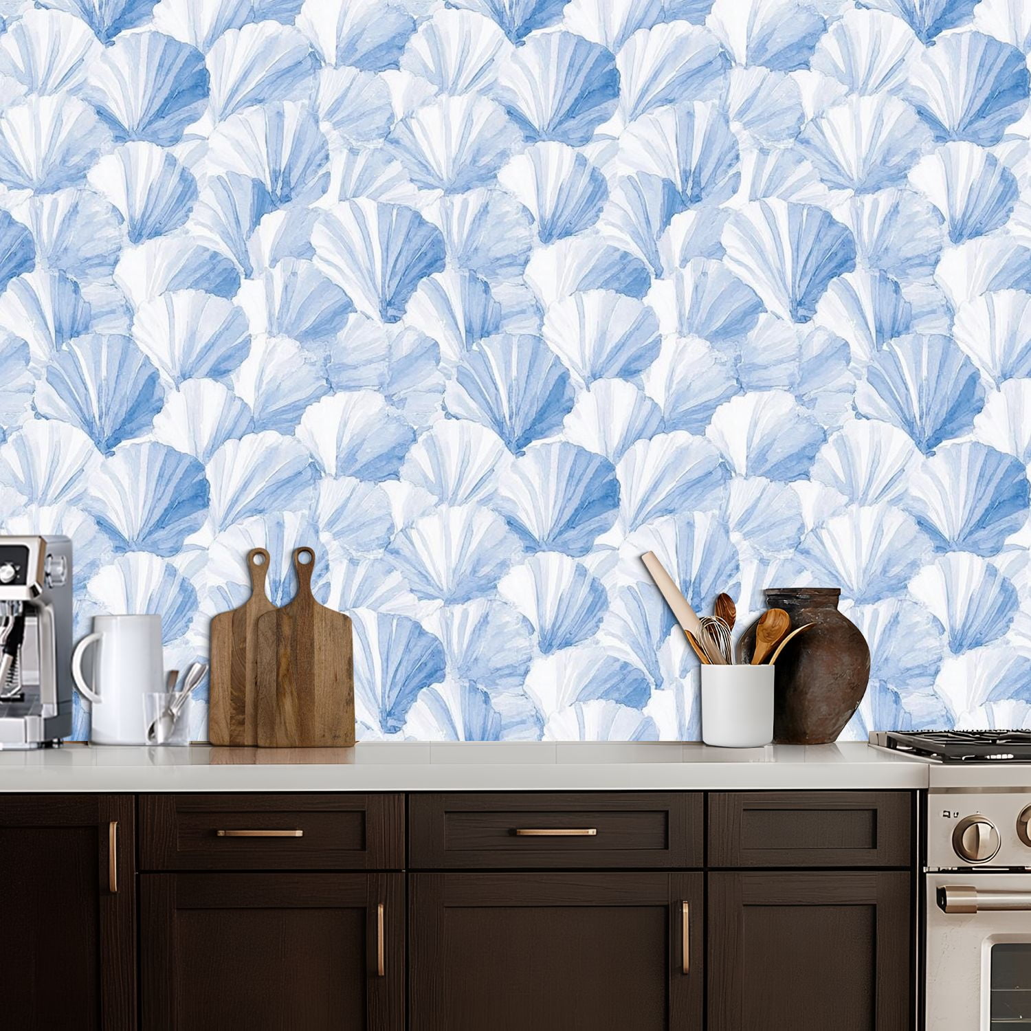 Coastal Peel and Stick Wallpaper Blue White Watercolor Fan Shell Contact Paper 17.7in x 9.8ft Wallpaper Removable Self Adhesive Wall Paper for Bedroom