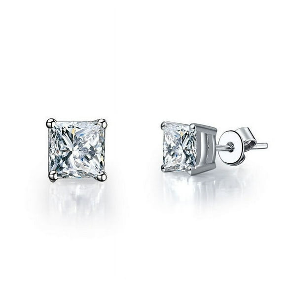JeenMata Four Prong 2 Carat Princess Cut Moissanite Stud Earrings in 10k White Gold