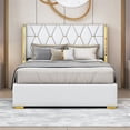 thumbnail image 2 of Full Size Platform Bed with Button Tufted Headboard, PU Upholstered Bed Frame with Metal Strips and Wooden Slat Support, Noise Free, No Box Spring Needed, Easy Assembly, Off White, 2 of 7