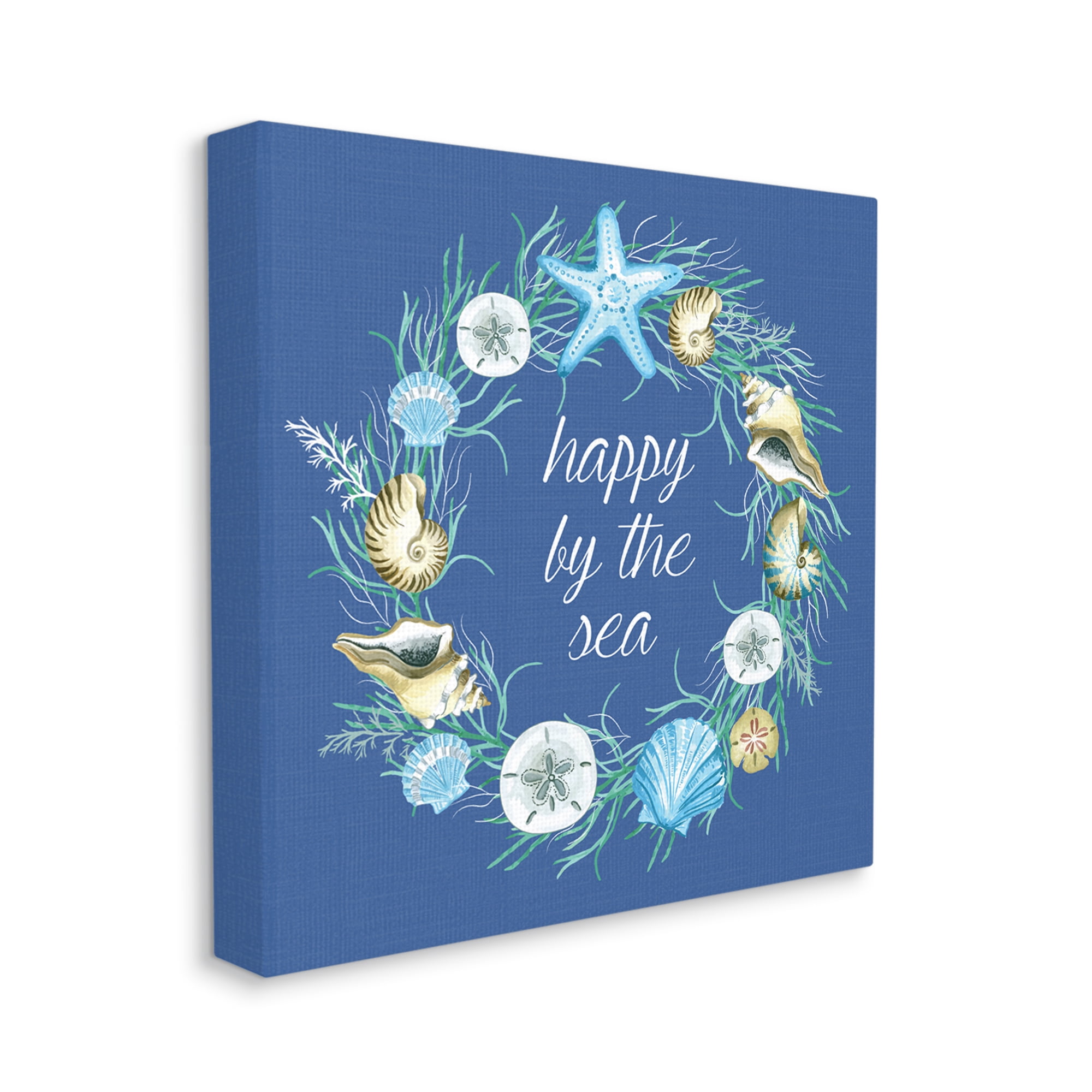 Happy By The Sea Calligraphy Aquatic Shells Wreath Coastal Graphic Art Gallery-Wrapped Canvas Print Wall Art