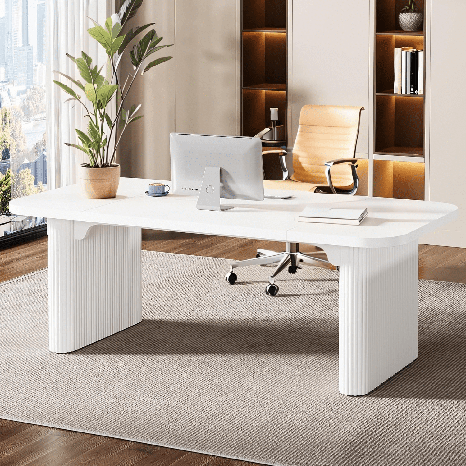 Tribesigns Wood Office Desk, 62-Inch Modern Executive Desk, Large Computer Desk with Double Pedestal, Workstation for Home Office