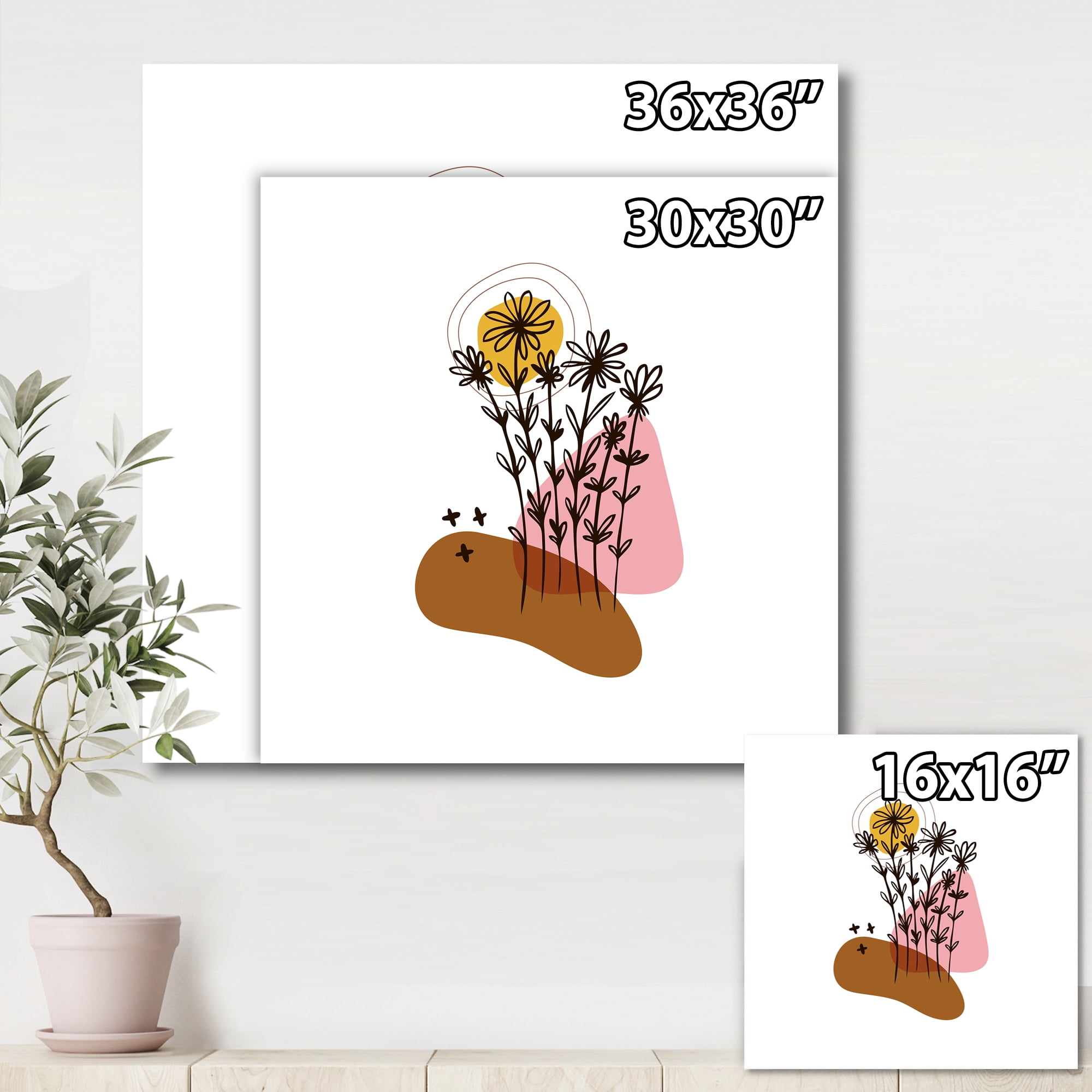 Designart ' Abstract Flowers Plants With Elementary Shapes I ' Modern Canvas Wall Art Print