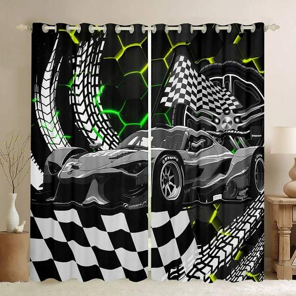 Race Car Curtains & Drapes Glitter Honeycomb Blackout Curtains Yellow Green Neon Lights Geometric Hexagon Curtains 2 Panels 52"Wx84"L