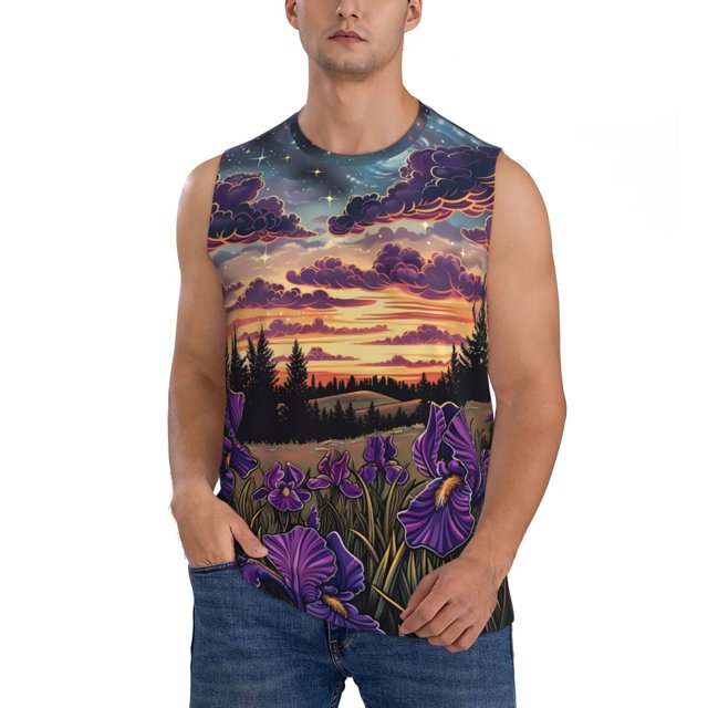 Fotbe Starry Night Purple Irises Men's Camiseta sin Mangas Estampada para Hombres, Playera Casual para Gimnasio, Entrenamiento, Playa-X-Large
