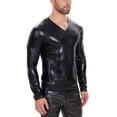 thumbnail image 5 of Men Shiny Patent Leather T-shirt, Long Sleeve, Male Soft Leather Casual V-neck Tops, 5 of 7