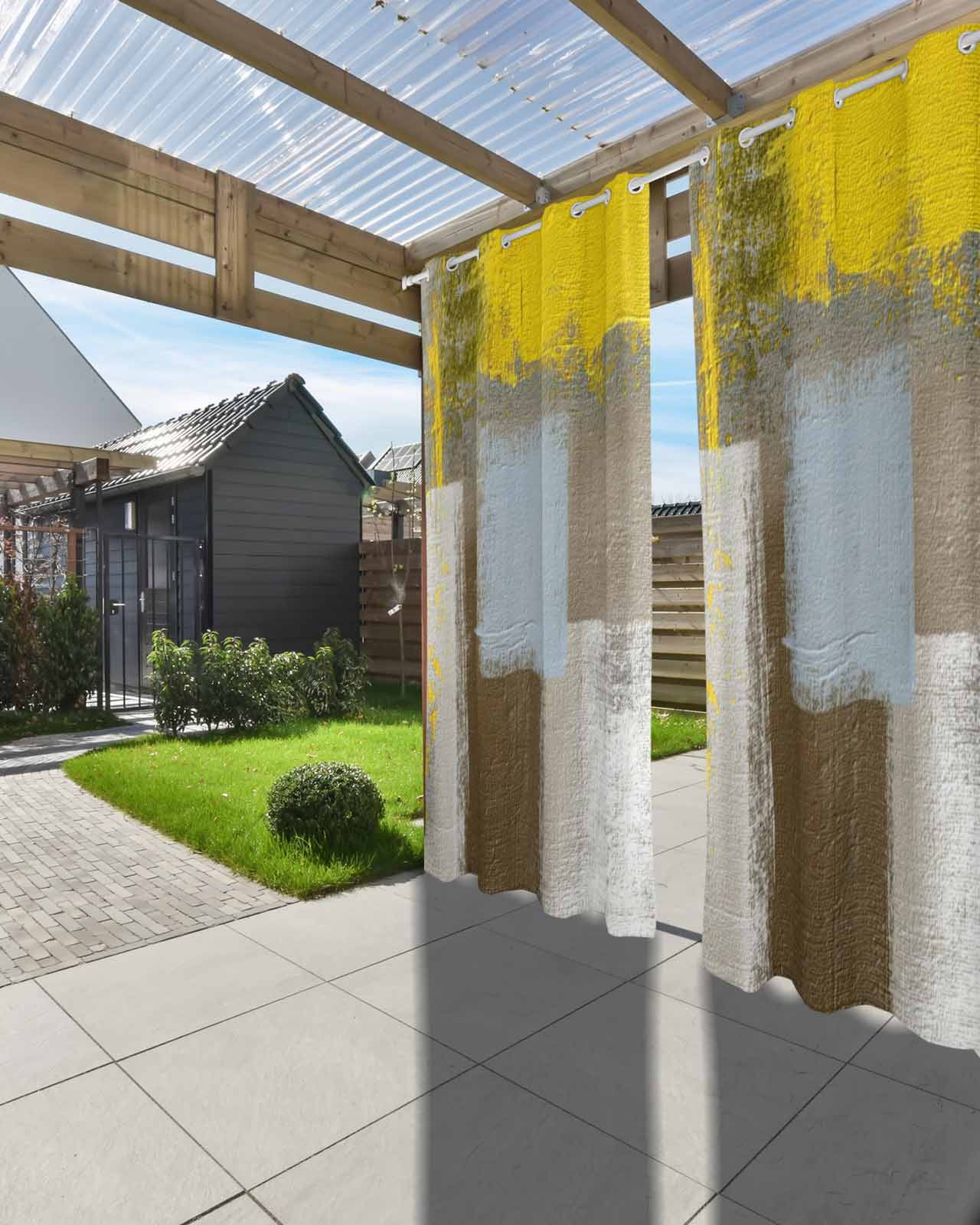 Yellow Brown Outdoor Curtains for Patio, Abstract Blue White Vintage Oil Painting Privacy Drapes Grommet Waterproof Outside Curtains for Porch/Cabana/Balcony 54"x 108", 1 Panel