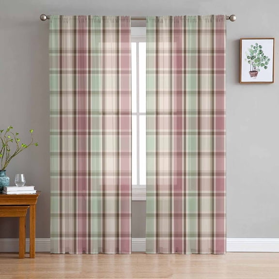 ERUNPONLY Buffalo Plaid Sheer Curtains 63 Inch Length 2 Panels Set, Farmhouse Red Green Beige Check Gingham Voile Window Treatment Curtains Sheers Drapes for Bedroom/Living Room/Kitchen 52x"63"x2