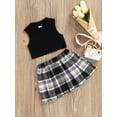 thumbnail image 3 of Faithtur Toddler Girl Fashion Outfits Set, Solid Color Ribbed Sleeveless Tank Tops + Elastic Waist Contrast Color Plaid Pleated Skirt, 3 of 9