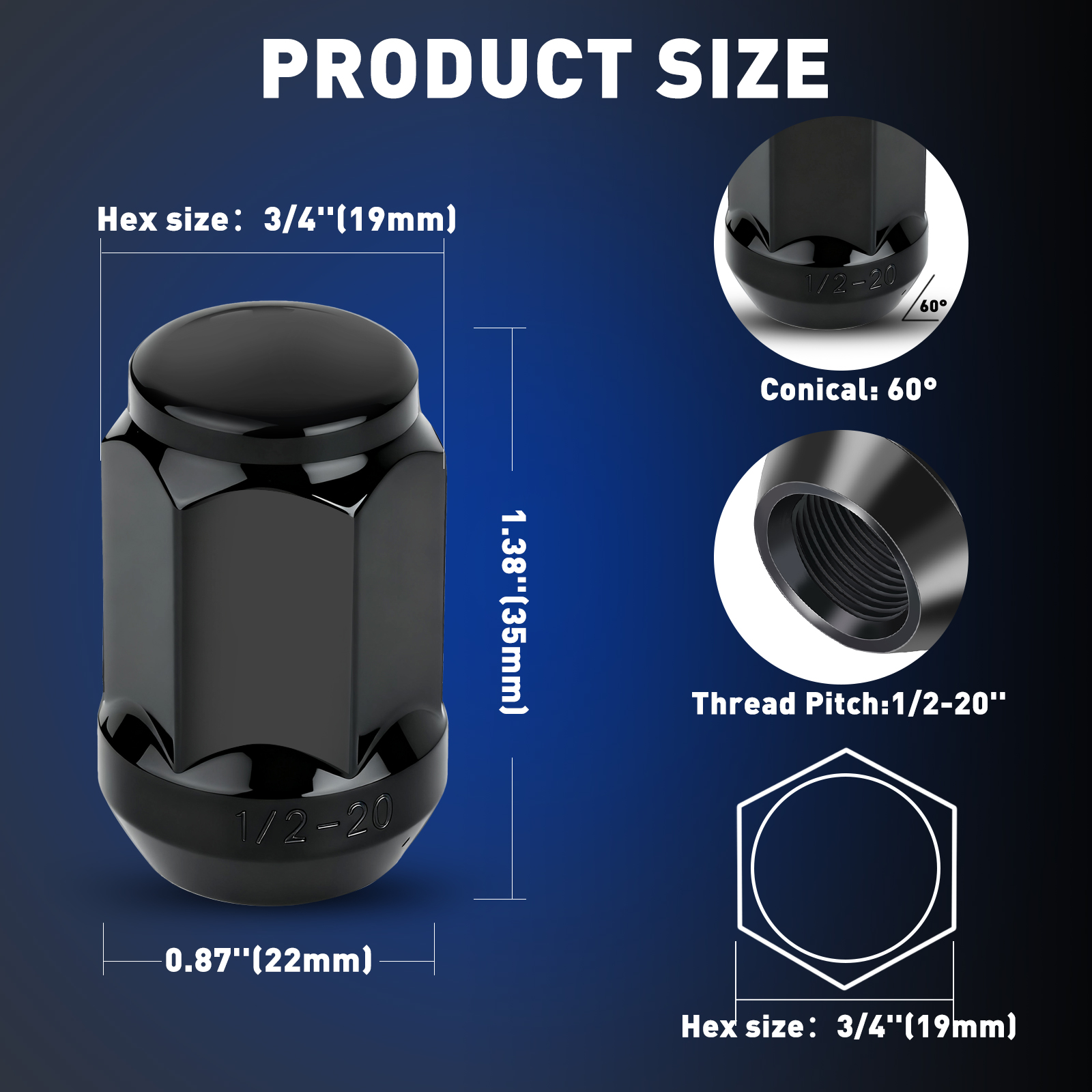 20PCS 1/2-20 Lug Nuts, Replacement for 1987-2018 Jeep Wrangler,2002-2012 Liberty,1993-2010 Grand Cherokee,1991-2019 Ford Explorer,1994-2001Dodge Ram1500 Aftermarket Wheel Black Closed End Lug Nut.