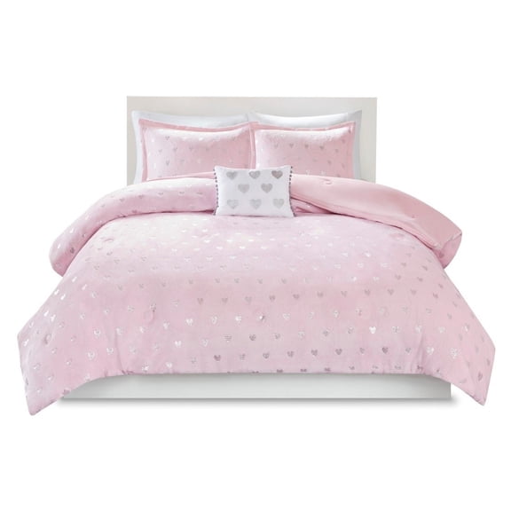 Gracie Mills Elysia Plush Comforter Set Twin Pink Metallic Heart GRACE-11234
