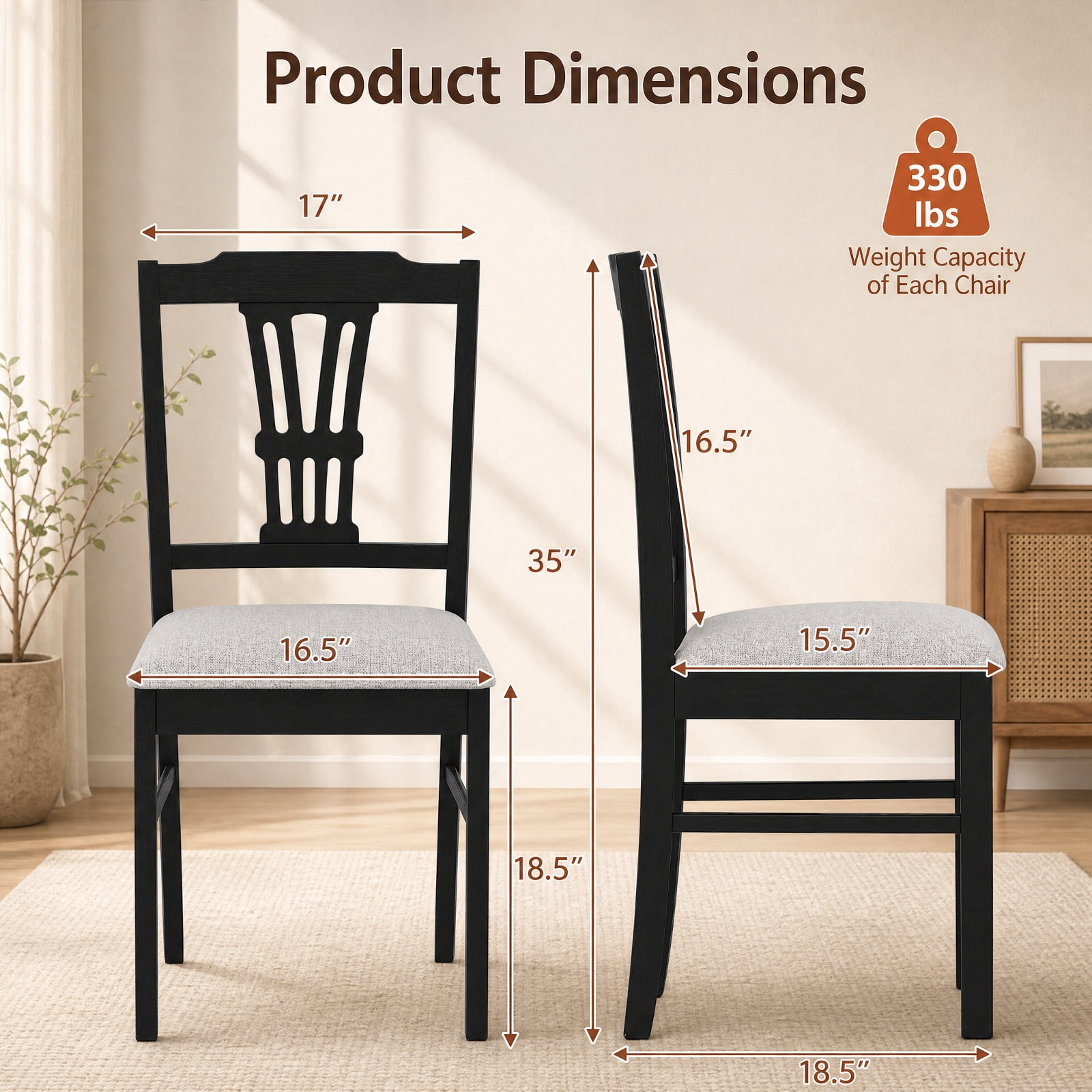 Furnibear Upholstered Dining Chairs Set of 2 Kitchen Chairs with Solid Rubber Wood Frame and Padded Seat for Dining Room, Gray