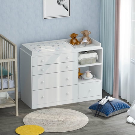 WIAWG White Baby Dresser w/ Changing Table Top & Drawers Wooden Nursery Dresser for Infant 47.2