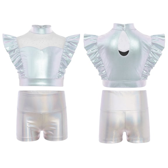 TiaoBug Kids Girls Jazz Hip Hop Dance Outfit Sleeveless Ruffle Crop Tops with Metallic Shorts Set Dancewear Silver 14