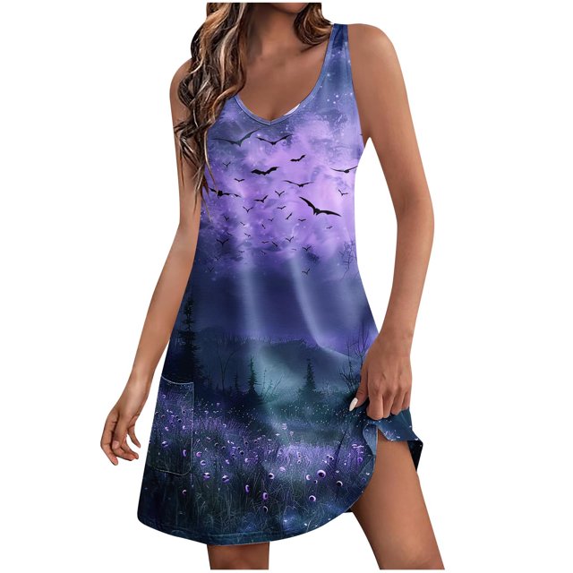 Vestido de Verano para las Mujeres Impresión de la Moda Bolsillo sin Mangas Cuello en V, Vestido Casual para la Playa Y Diario