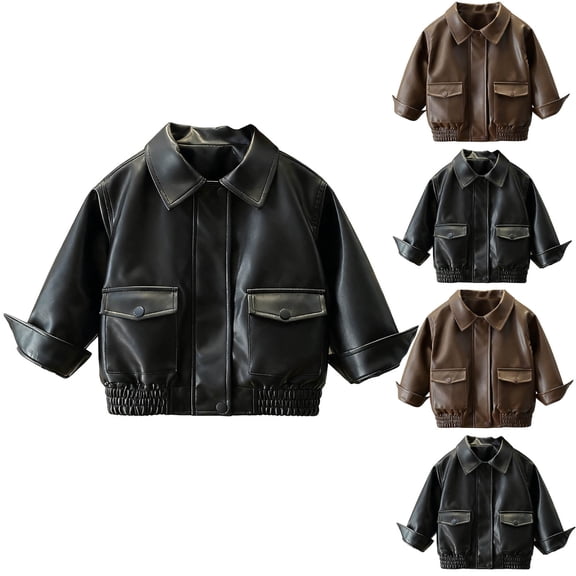 MKOSPLRT Girl's Faux Leather Long Sleeve Button Up Moto Cropped Jacket Biker Coat Lapel Collar Motorcycle PU Jacket 2-14 Years