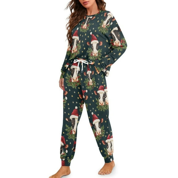 DISNIMO Cow Printed Pajamas Set for Women Christmas Tree Printed 2 Piece Loungewear Sets Soft Sleepwear with Pocket Long Sleeve Shirt with Long Pajama Pant Set, XL