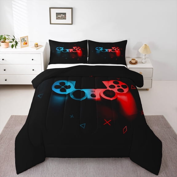 Manfei Modern VR Games Bedding Comforter Set, Boys Cyan Red Gamepad Twin Comforter Sets, Cartoon Gaming Theme Reversible Bedding Set, Lightweight Room Decor, 2-Piece