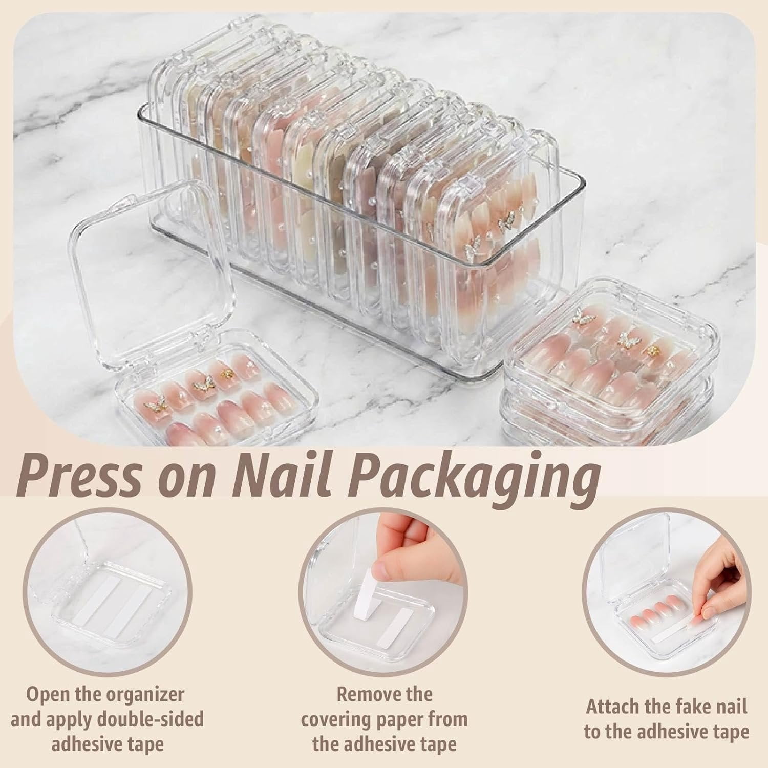 Clear Press   Storage Containers 12-Pack Stackable Cases, Press Ons  Packaging Organizer Case,  Tips and  Nails Display Box for Travel and Salon Use (Clear 06)