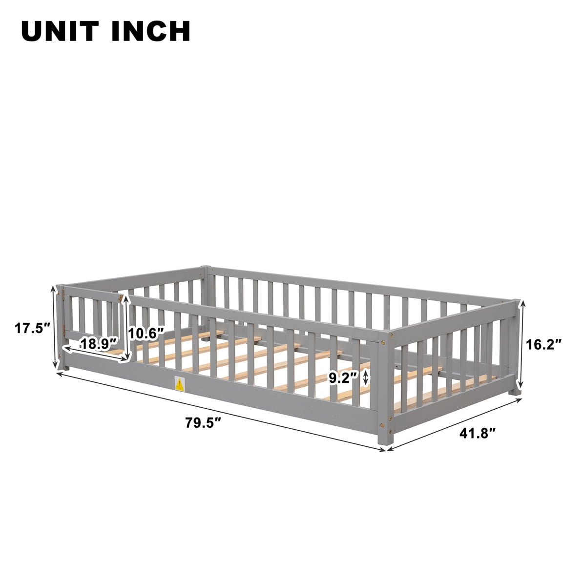 Twin Size Floor Bed with Door , Wood Montessori Bed Frame with Fence Guardrails, No Box Spring Needed, Gray