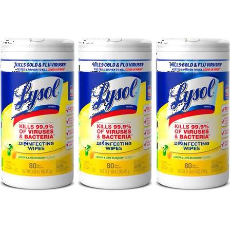 Lysol Disinfectant Wipes, Multi-Surface Antibacterial Cleaning Wipes, For Disinfecting and Cleaning, Lemon and Lime Blossom, 240 Count (Pack of 3)
