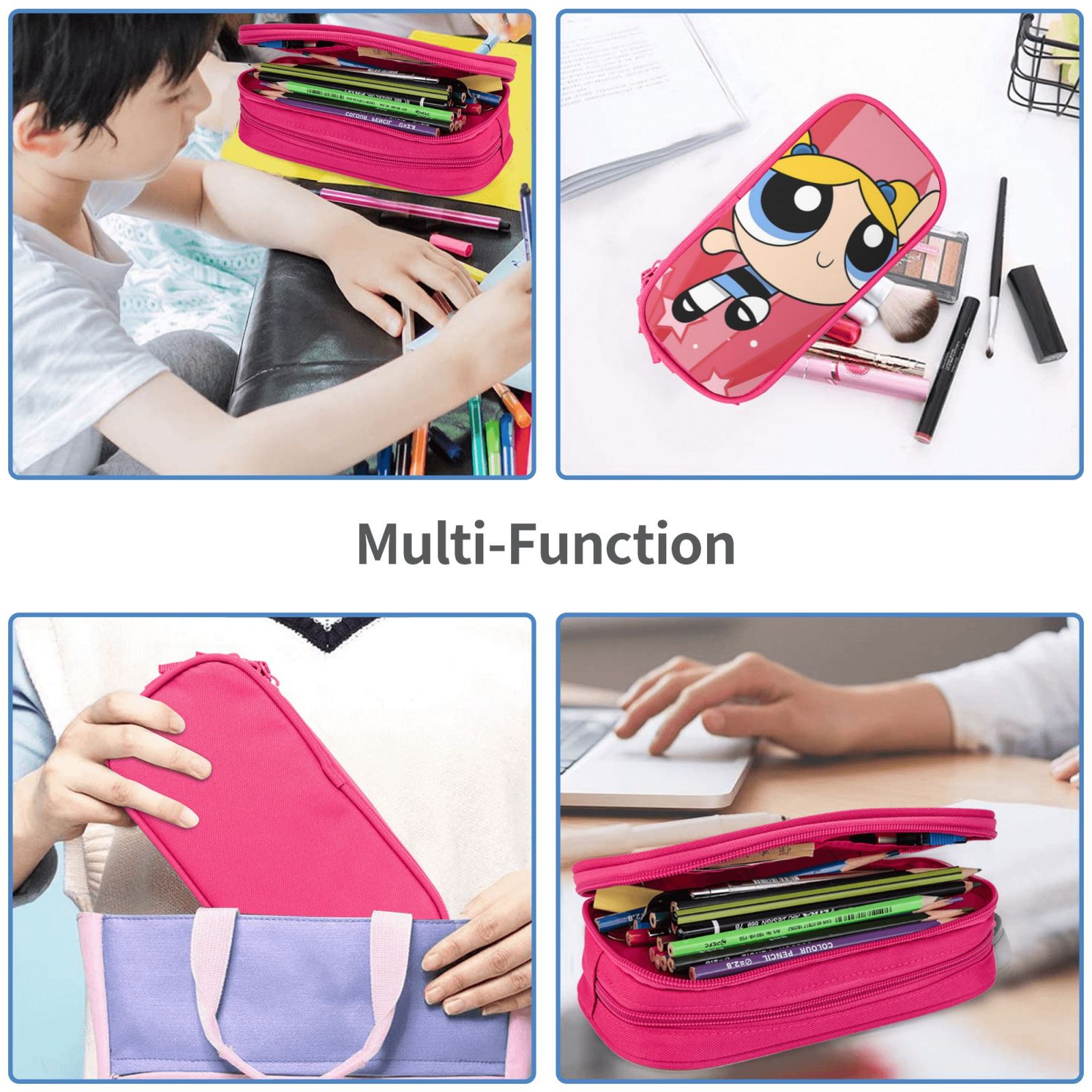 The Powerpuff Gi-rls Pencil Case Large Capacity Pencil Pouch Penbag Office Stationery Organizer Travel Makeup Bag Pink