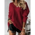 thumbnail image 4 of Women'S Loose Sweater V Neck Long Sleeve Shirt Casual Autumn and Winter Tops Wine Red XL, 4 of 8