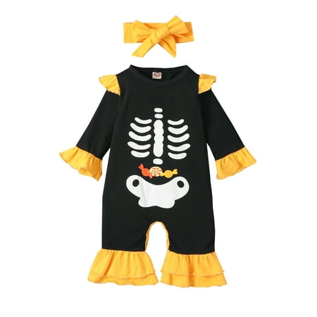 

LBECLEY Clothes Gift Set Baby Girls Cartoon Patchwork Romper Cotton Ruffled Long Sleeve Jumpsuit with Headbands Outfit Set Clothes 2Pcs Junior Girl Clothes Teen Black 100
