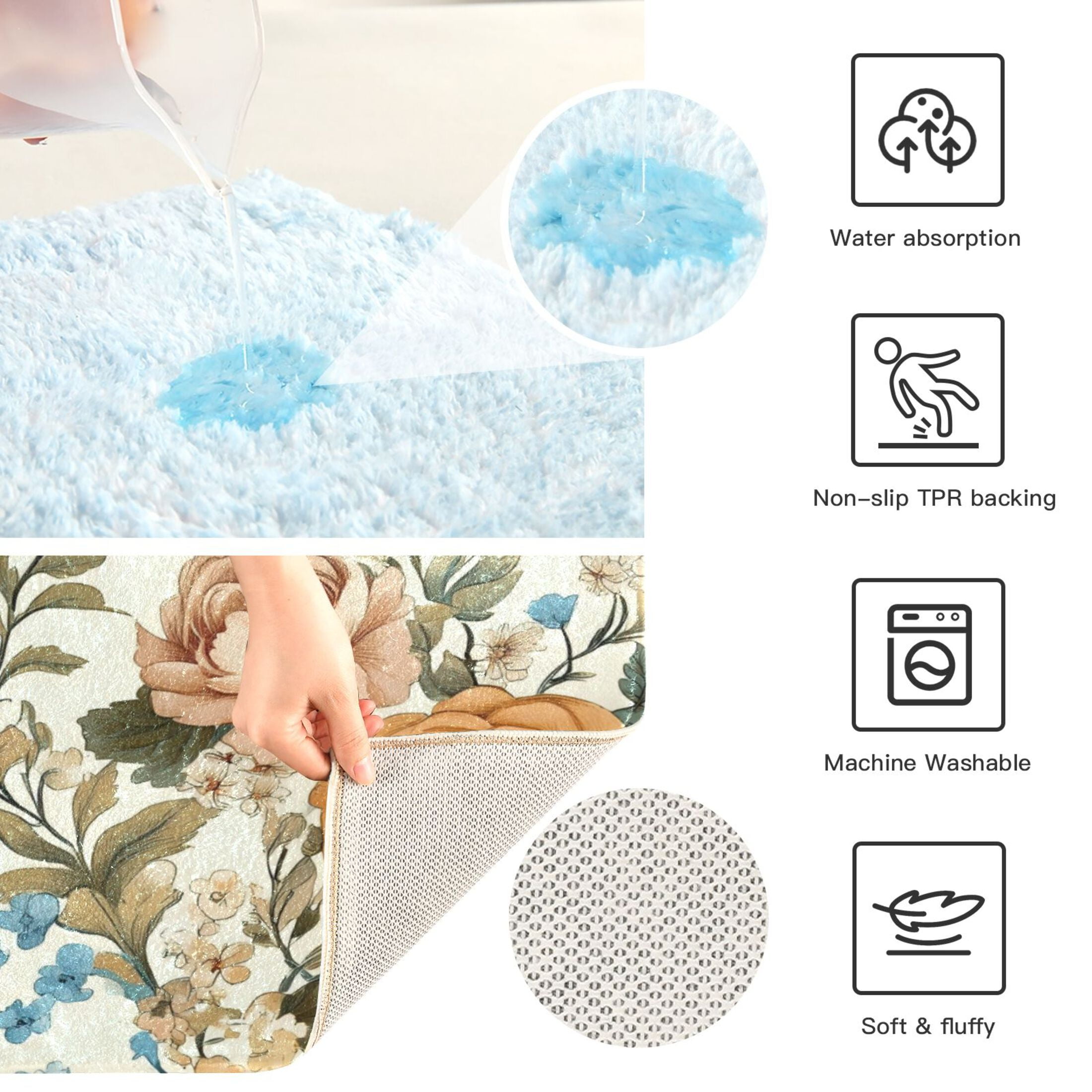 2 Piece Soft Bathroom Rug Set Beautiful Vintage Floral Bath Mat and U-Shaped Toilet Contour Rug (16"x24"+20"x24")