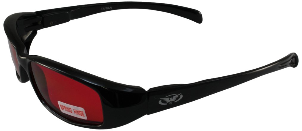 black sunglasses with red lenses